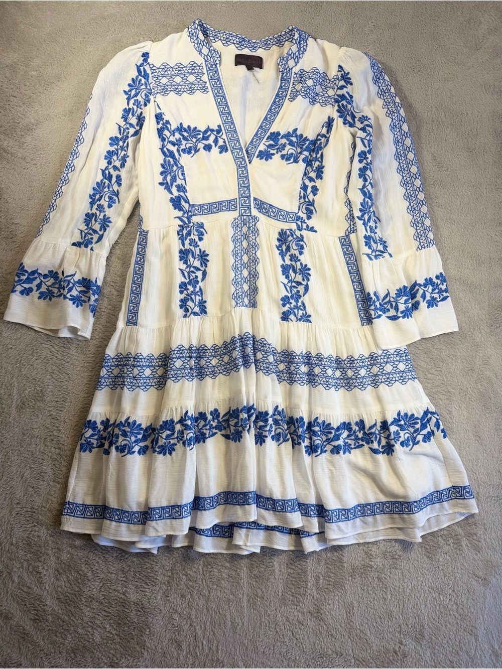 Hale Bob White Mini Dress with Blue Floral Embroidery